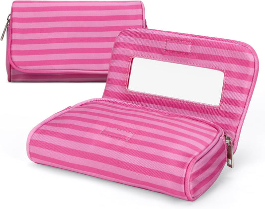 Women’s Cute Nylon Makeup Bag with Built-in Mirror, Protable Lightweight Cosmetic Bag, Trendy Toiletry Bag for Travel (Pink Stripe)
