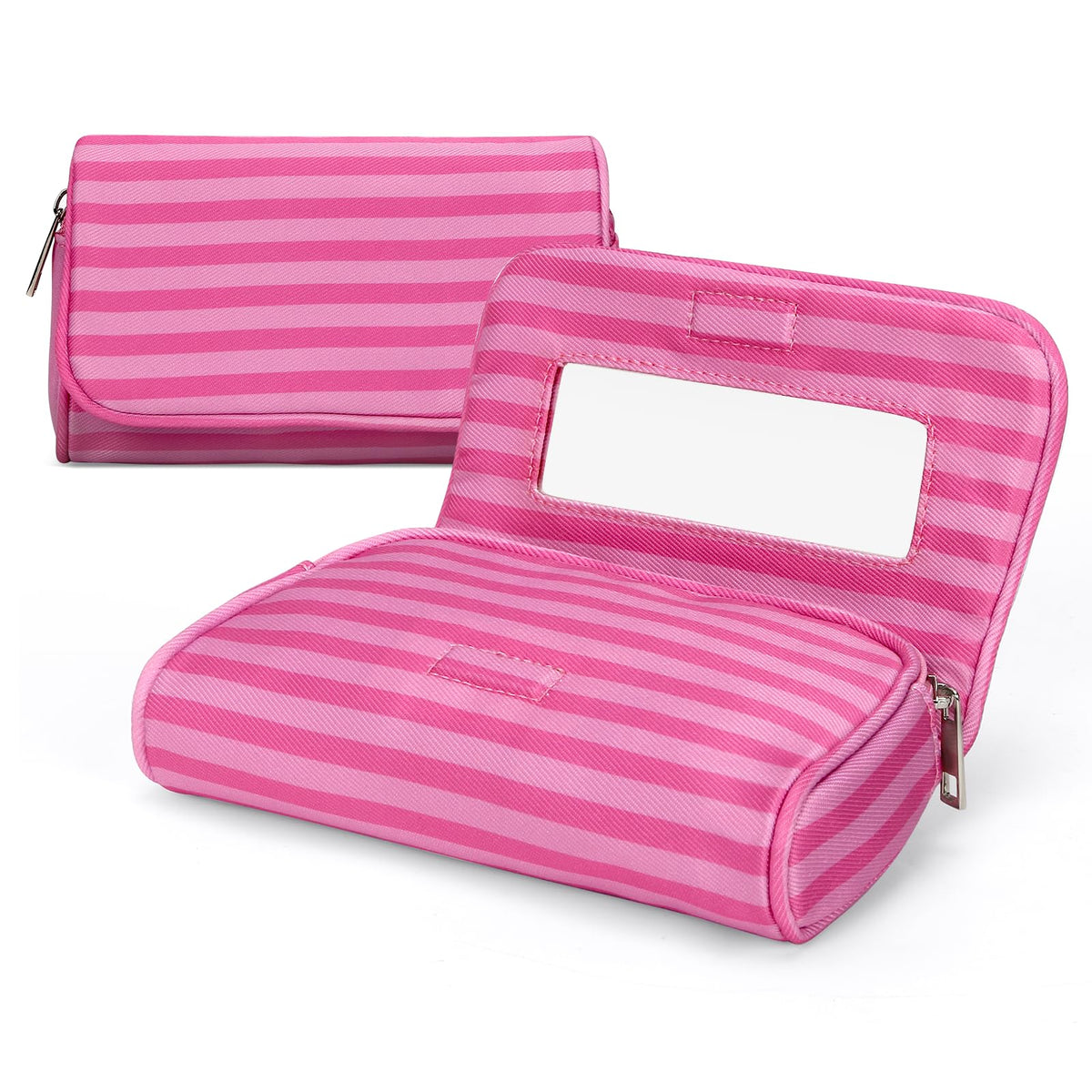 Women’s Cute Nylon Makeup Bag with Built-in Mirror, Protable Lightweight Cosmetic Bag, Trendy Toiletry Bag for Travel (Pink Stripe)