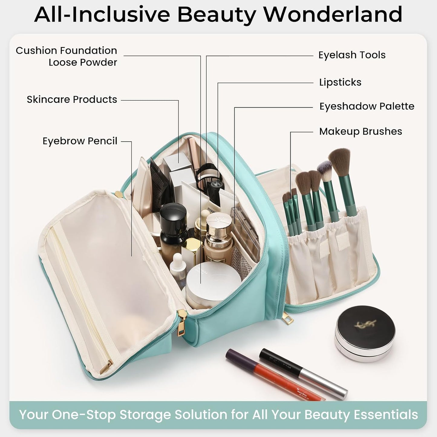 HauteHues Travel Makeup Bag for Women, Large Capacity Cosmetic Organizer & Toiletry Bag with Wide-Open Design, with Brush Holders & Compartments, Waterproof Case for Makeup & Skincare, Blue