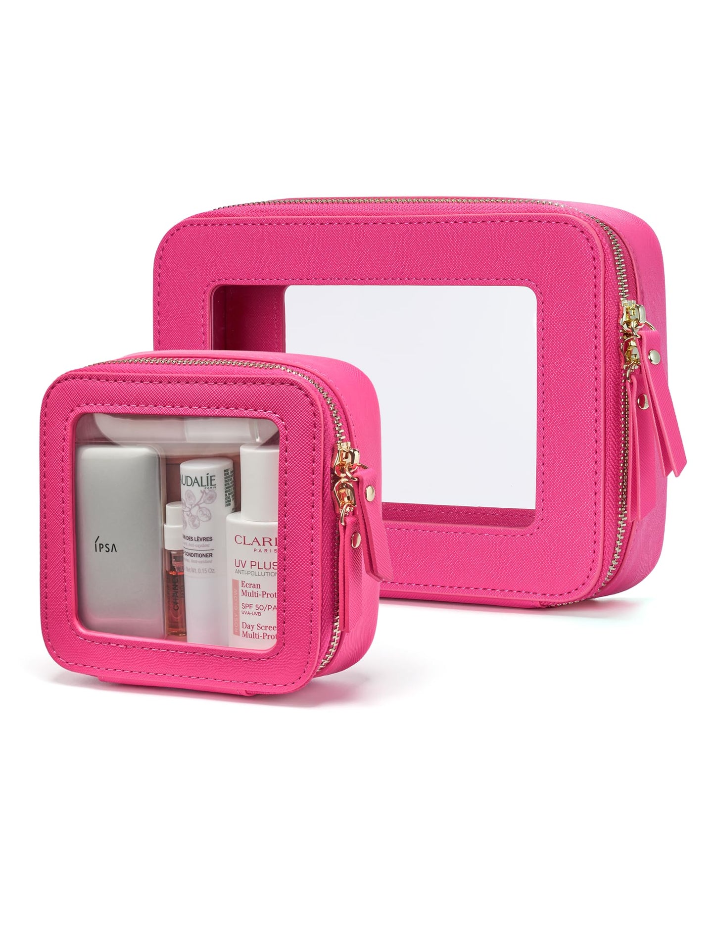 Popvibe Clear Makeup Bag Travel Cosmetic Case Transparent Toiletry Bag with Zipper, Portable Make Up Organizer Traveling Compact Car Bag for Essentials, Hotpink, Large