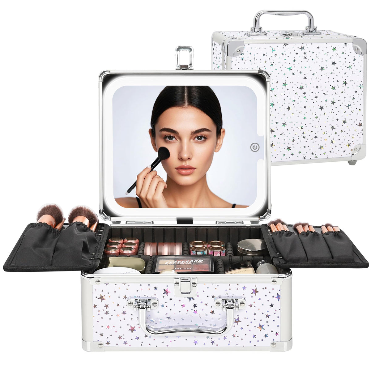 Relavel Makeup Bag with LED Mirror, Makeup Box Travel Train Case with Rechargeable Lighted Mirror & Adjustable Dividers, Cosmetic Brush Organizer Storage for Makeup Artists Gifts for Women and Girls