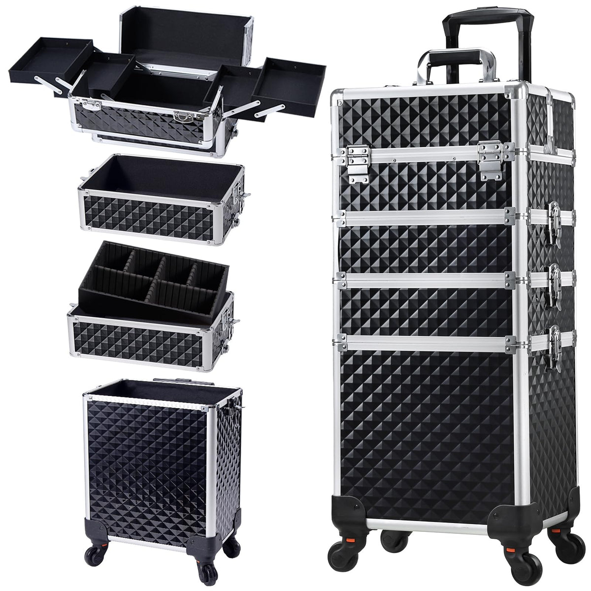 Stagiant Rolling Makeup Case Cosmetology Case on Wheels 4 in 1 Large Cosmetic Organizer Train Case Makeup Travel Case with Key Swivel Wheels Nail Artist Salon Storage Traveling Cart Trunk Black
