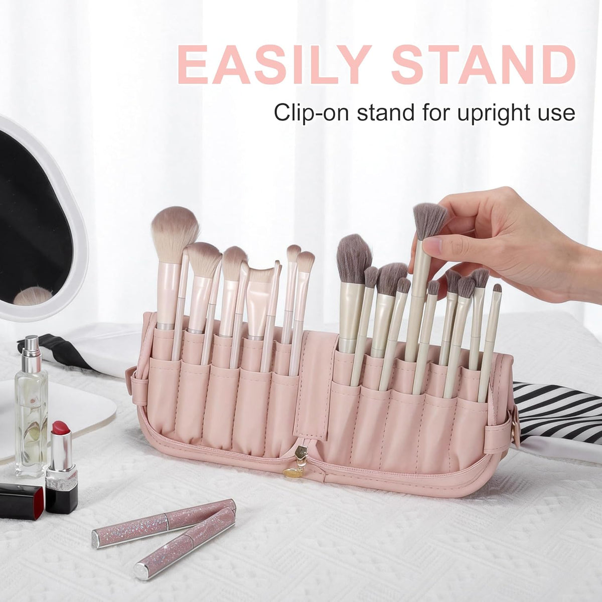 Travel Makeup Brush Case, Stand-Up Portable Makeup Brush Holder Pink