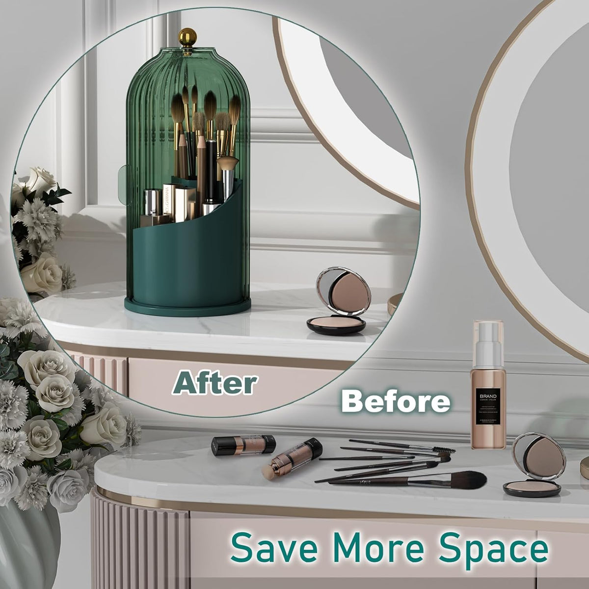 GAXmi Makeup Brush Holder with Lid Rotating Cosmetic Organizer, All Green