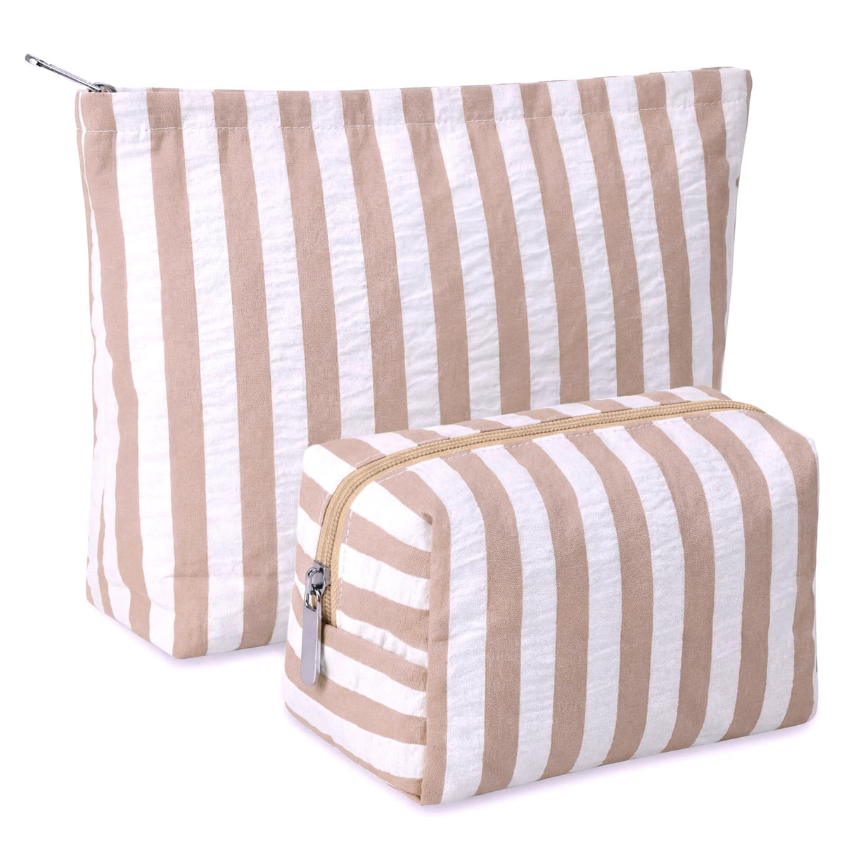 Huhumy 2 Pcs Makeup Bag Set for Women, Khaki, Thin Striped Seersucker