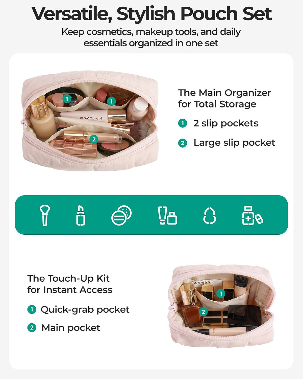 BAGSMART Puffy Travel Makeup Bag Duo Large & Small for Women, Leopard