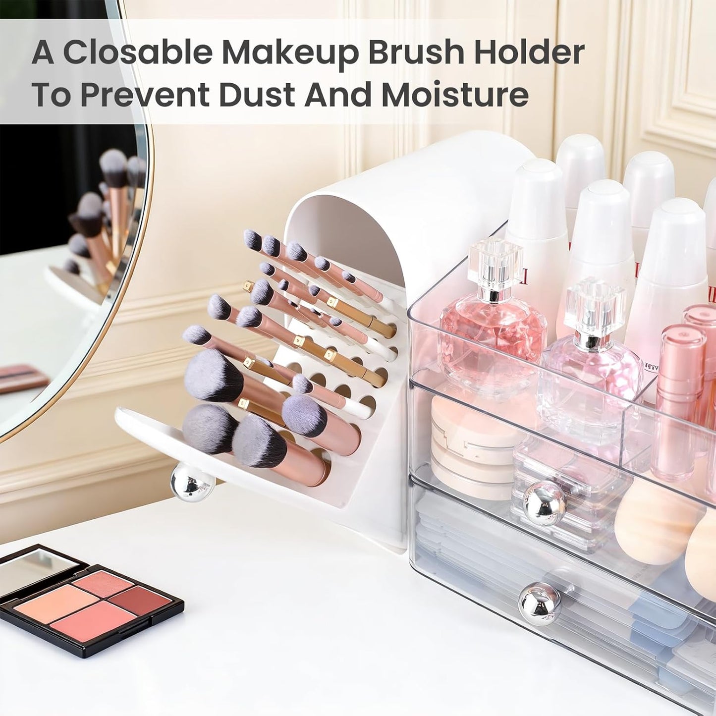 Makeup Organizer Countertop with Makeup Brush Holder,White