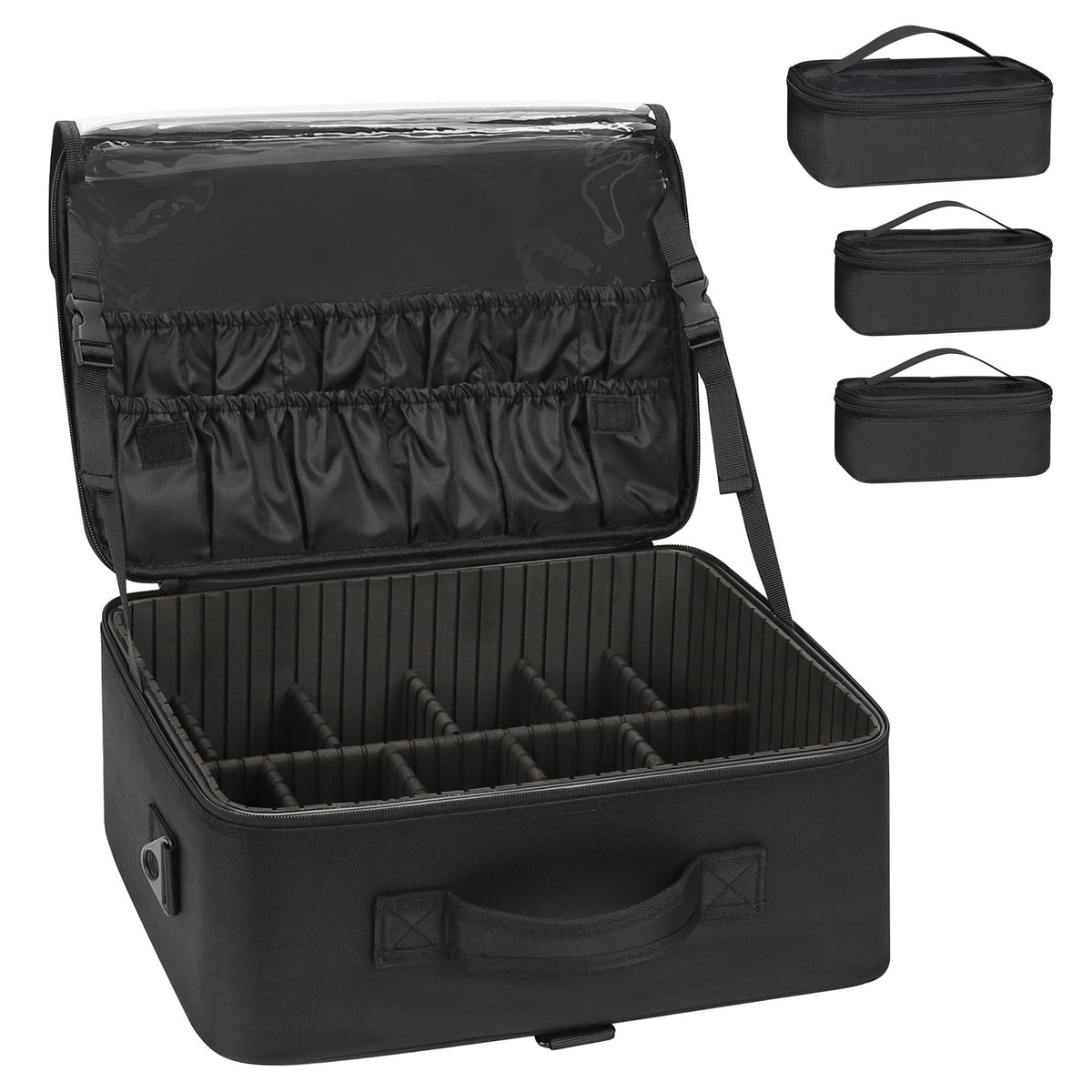 Relavel Extra Large Makeup Case Professional Cosmetic Storage Organizer Box Brush Holder with 4 Clear Set Bags & Lipstick Plate for Makeup Artists with Shoulder Strap & Adjustable Dividers