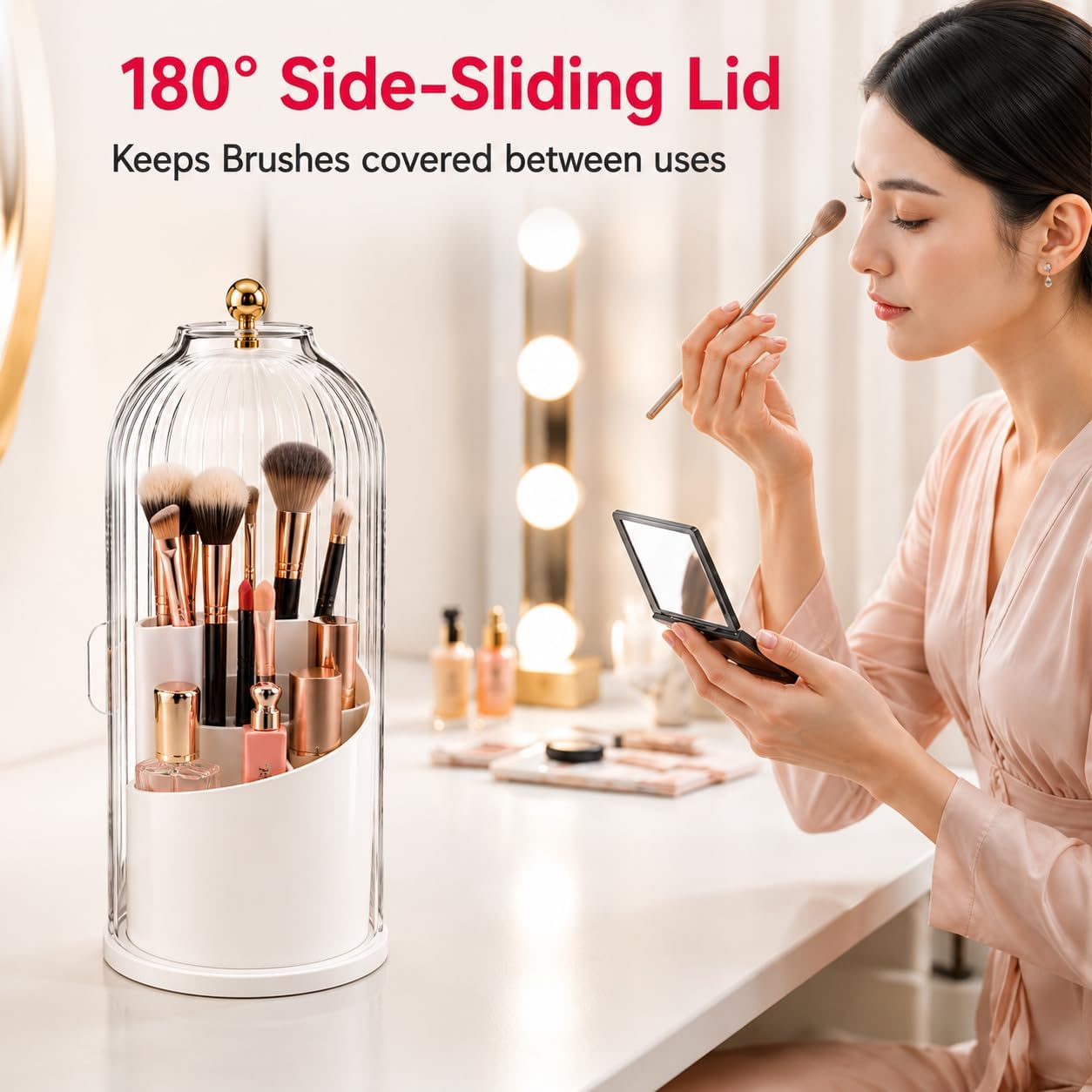 Makeup Brush Holder with 360° Rotating Base, Dustproof Cover