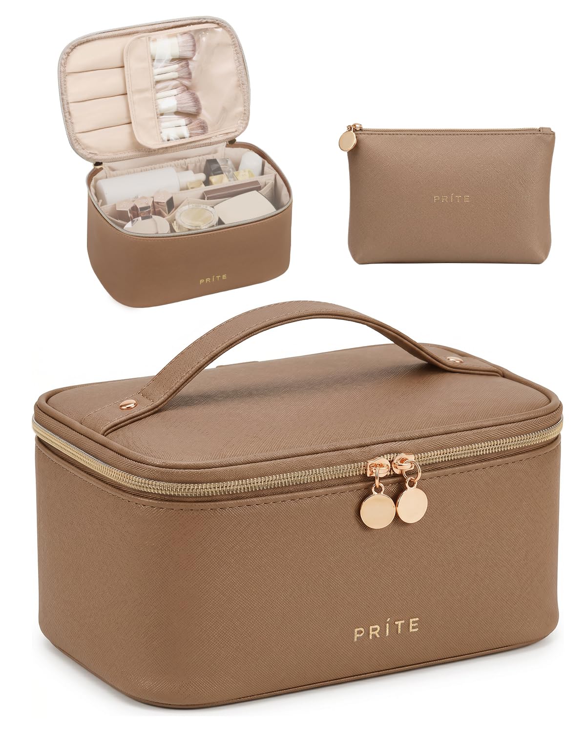 Prite Makeup Bag Travel Cosmetic Case, Women Toiletry Bag Organizer, Beige