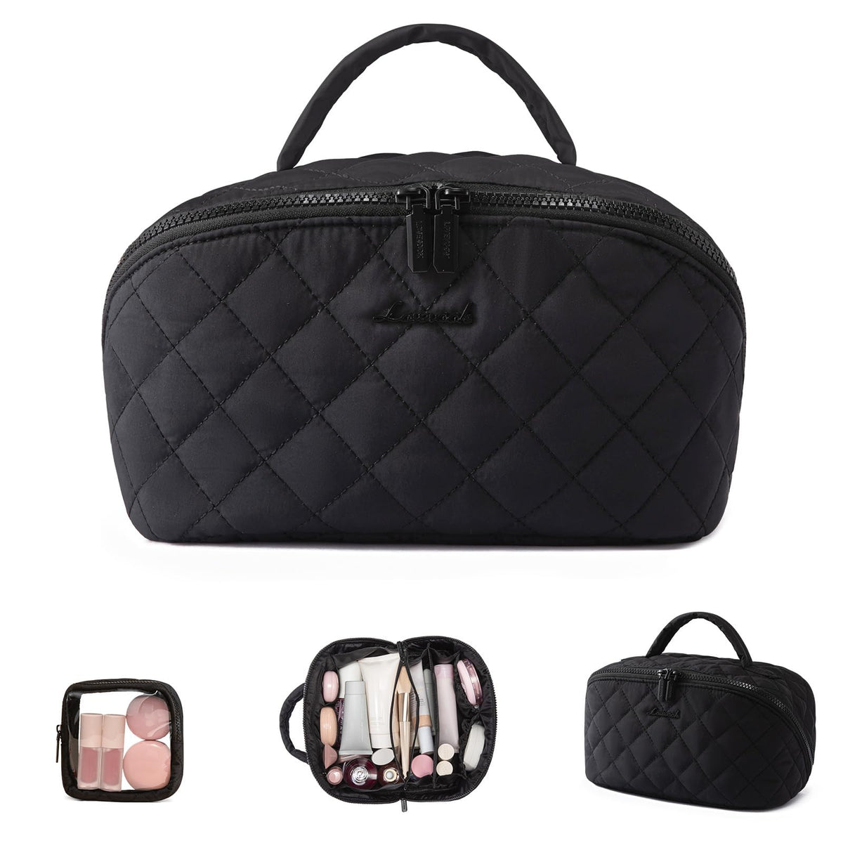 LOVEVOOK Travel Makeup Bag for Women, 2Pcs Puffer Waterproof Cosmetic Organizer, Large Capacity Pouch Open Flat Small Toiletry Bag with Brush Compartment & Handle (Pink, Medium)