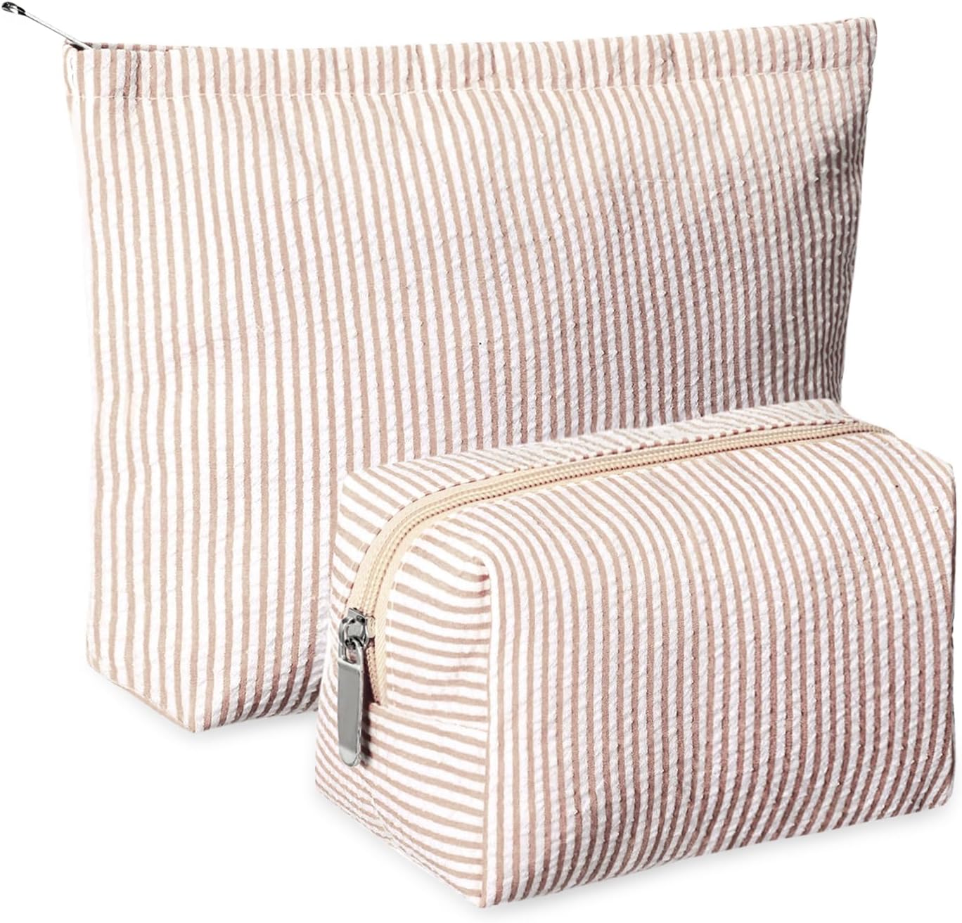 Huhumy 2 Pcs Makeup Bag Set for Women, Khaki, Thin Striped Seersucker