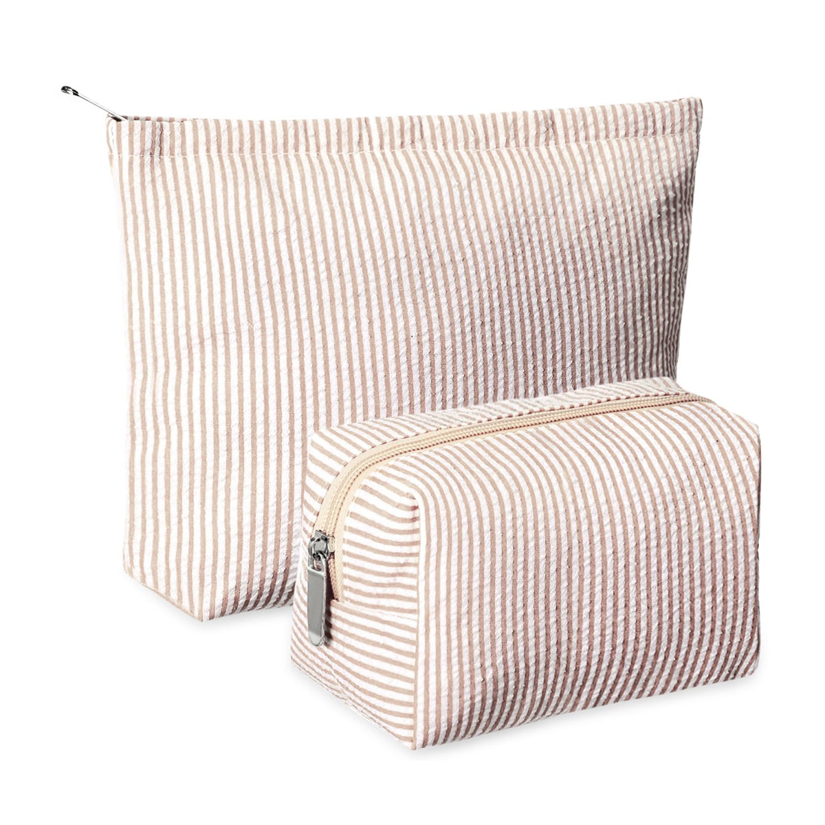 Huhumy 2 Pcs Makeup Bag Set for Women, Khaki, Thin Striped Seersucker