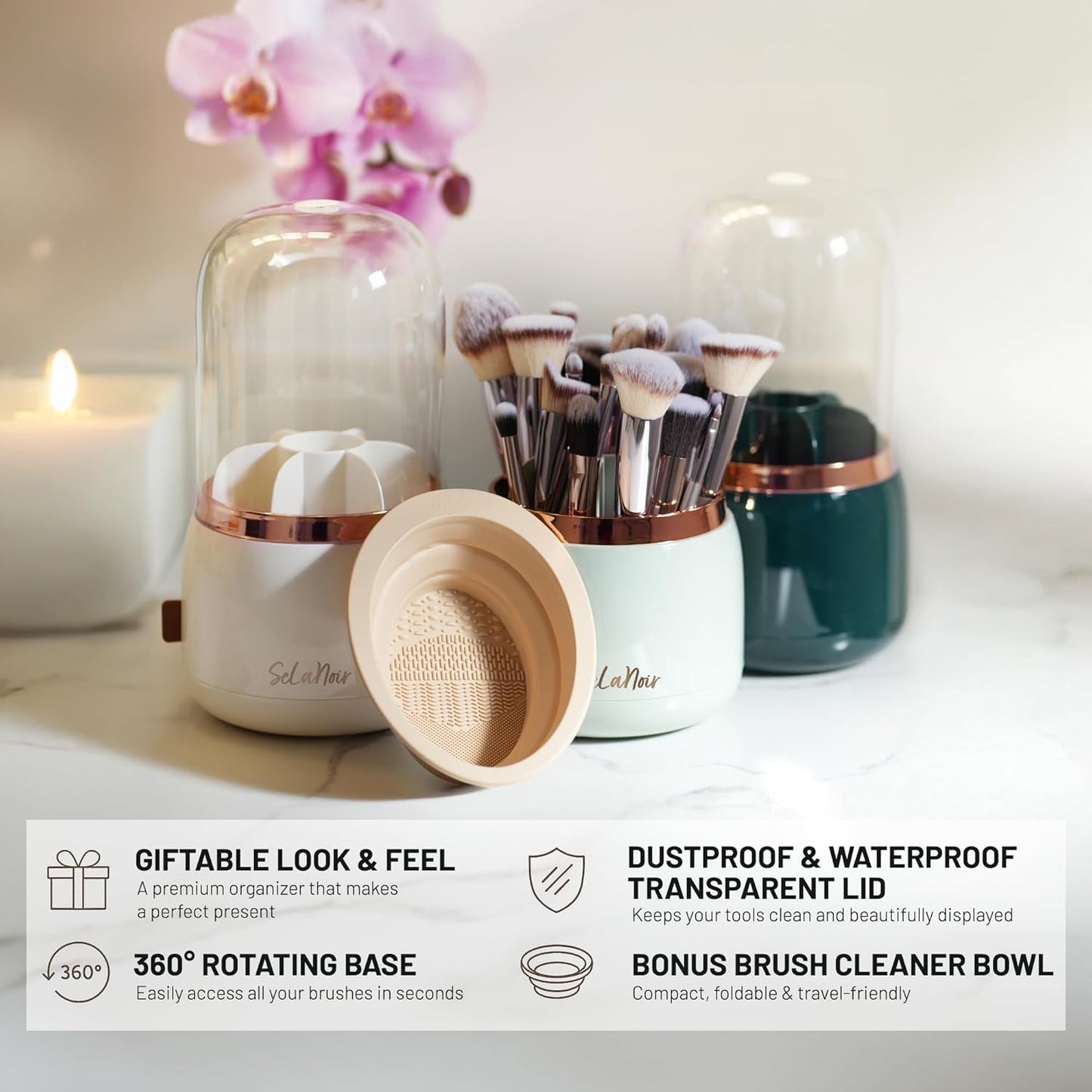 Rotating Makeup Brush Holder with Lid Dustproof Vanity Organizer for Makeup Brushes, Bonus Foldable Makeup Brush Cleaner Bowl Included