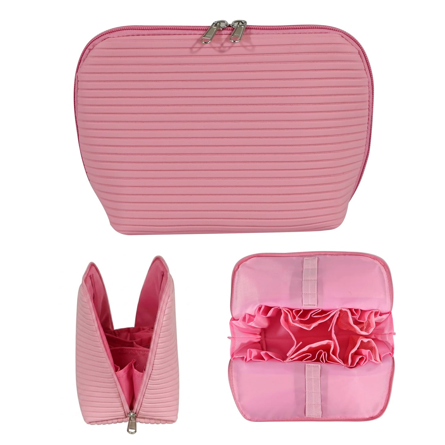 Travel Makeup Bag for Women, Waterproof Stand Up Cosmetic Bag with Brush Holders, Organizer Bag with Compartments, Fold-Down Design for Skincare, Toiletries & Essentials (Camel, Medium)