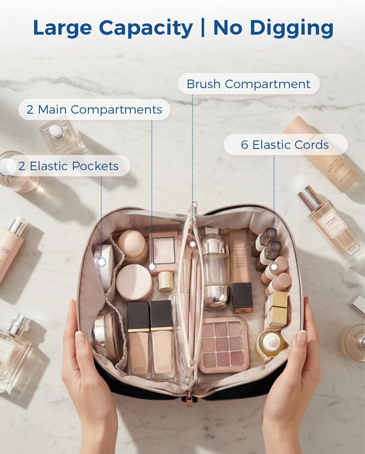 Makeup Bag for Women, Open Flat Puffy Organizer with Wipe-Clean PVC Lining