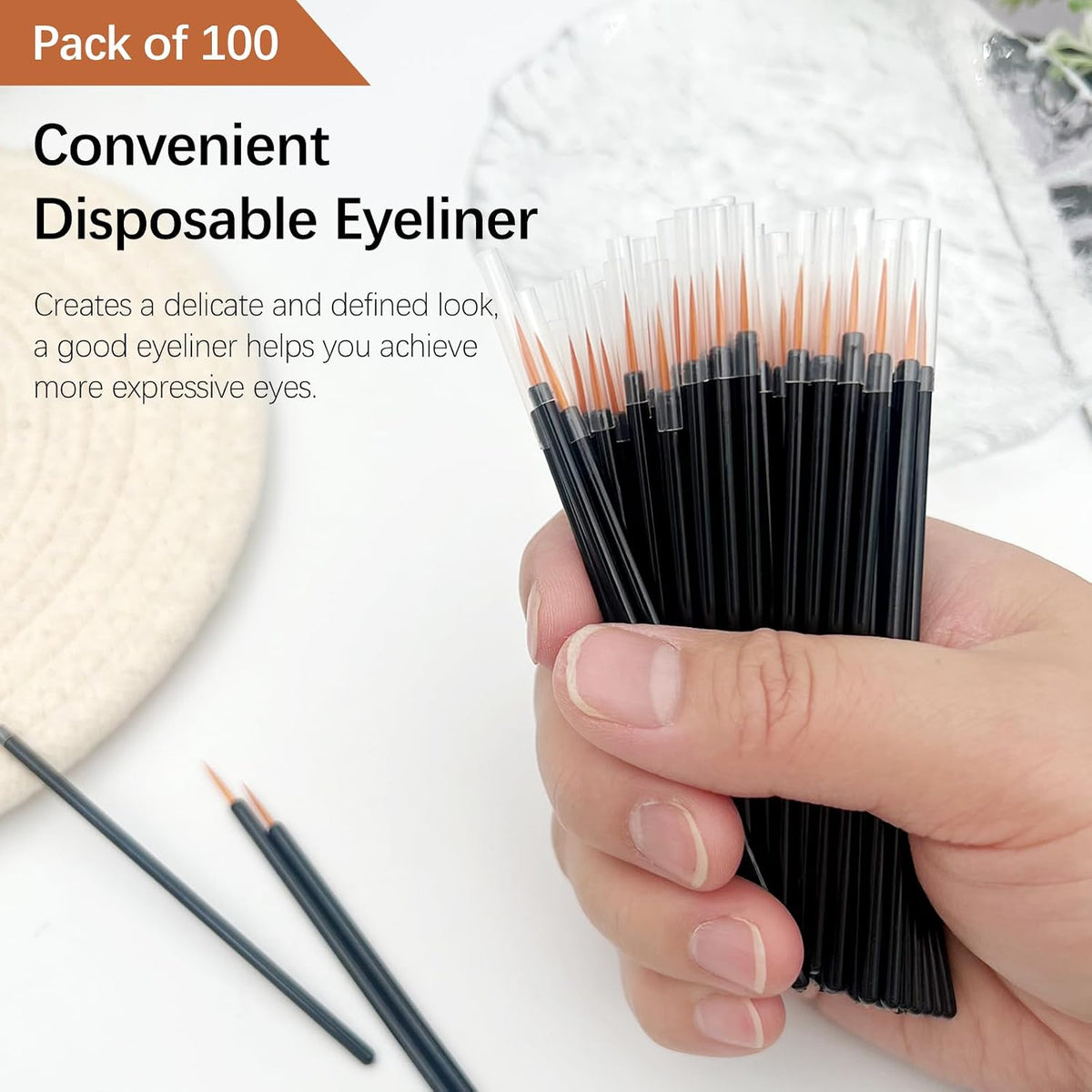 Yellow Headed Black Handle Disposable Eyeliner Brushes – Eye Lash Styling Wands & Eyeshadow Applicators with Protective Sleeves, Makeup Tools, 100 Pack