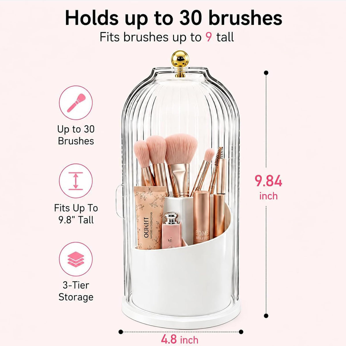 Makeup Brush Holder with 360° Rotating Base, Dustproof Cover