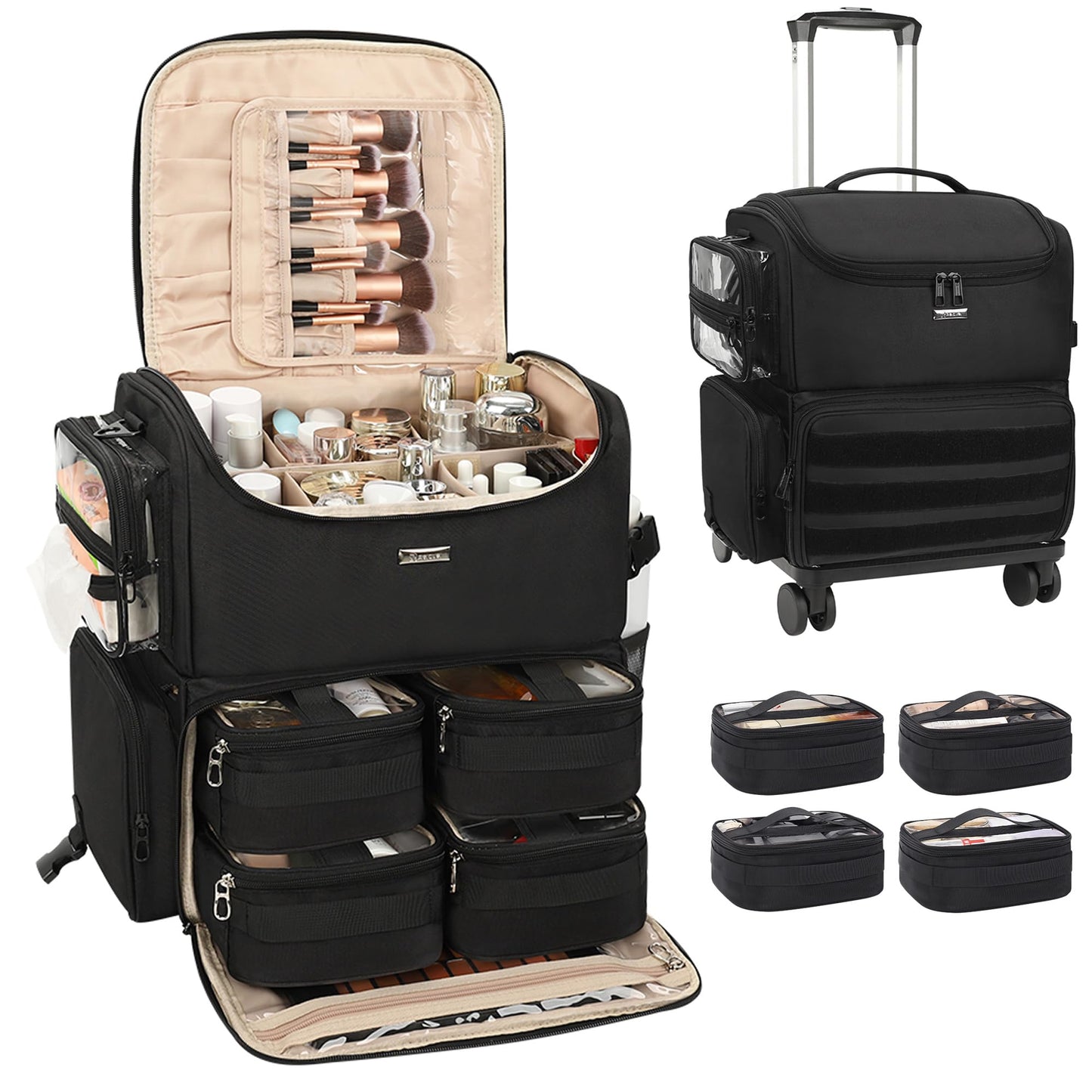 Relavel Extra Large Makeup Case Professional Cosmetic Storage Organizer Box Brush Holder with 4 Clear Set Bags & Lipstick Plate for Makeup Artists with Shoulder Strap & Adjustable Dividers