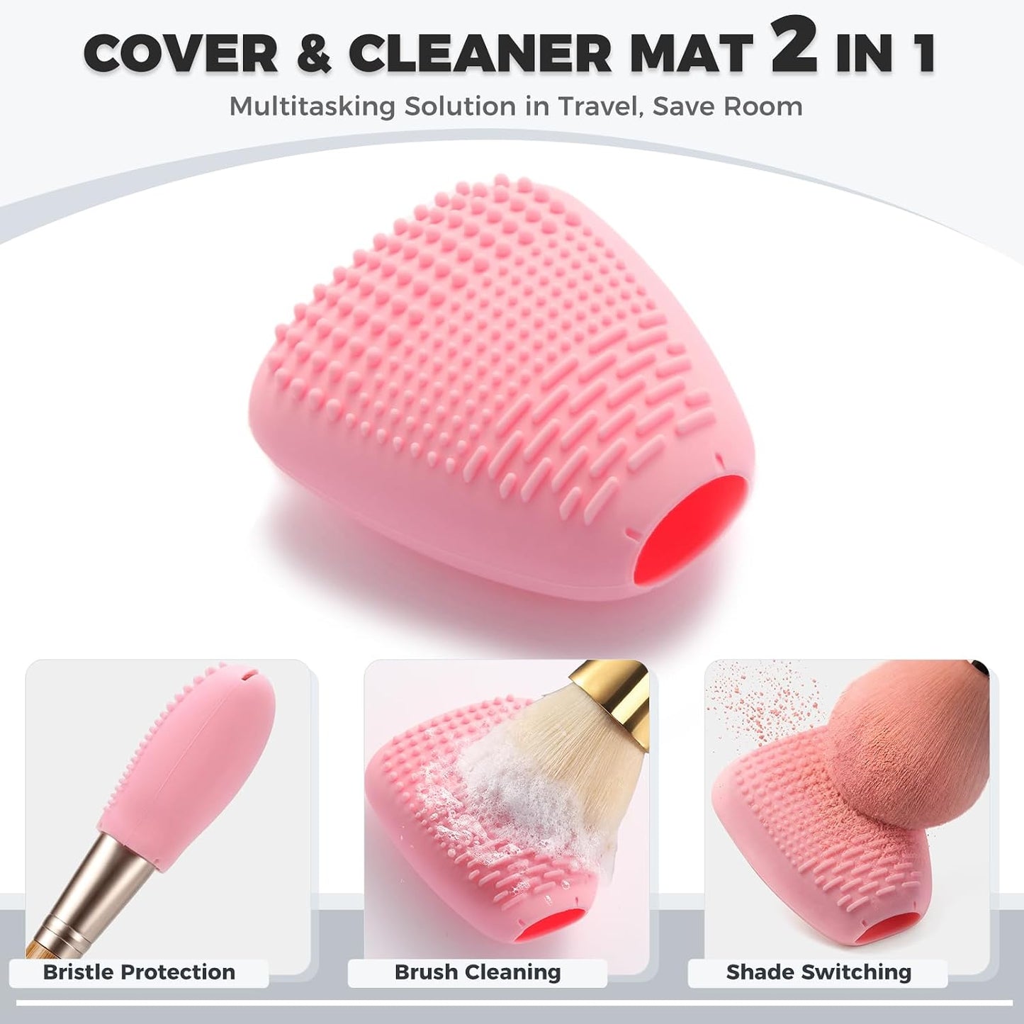 Vidsel Silicone Makeup Brush Covers with Built-in Cleaner Mat, Pink 3-Pack