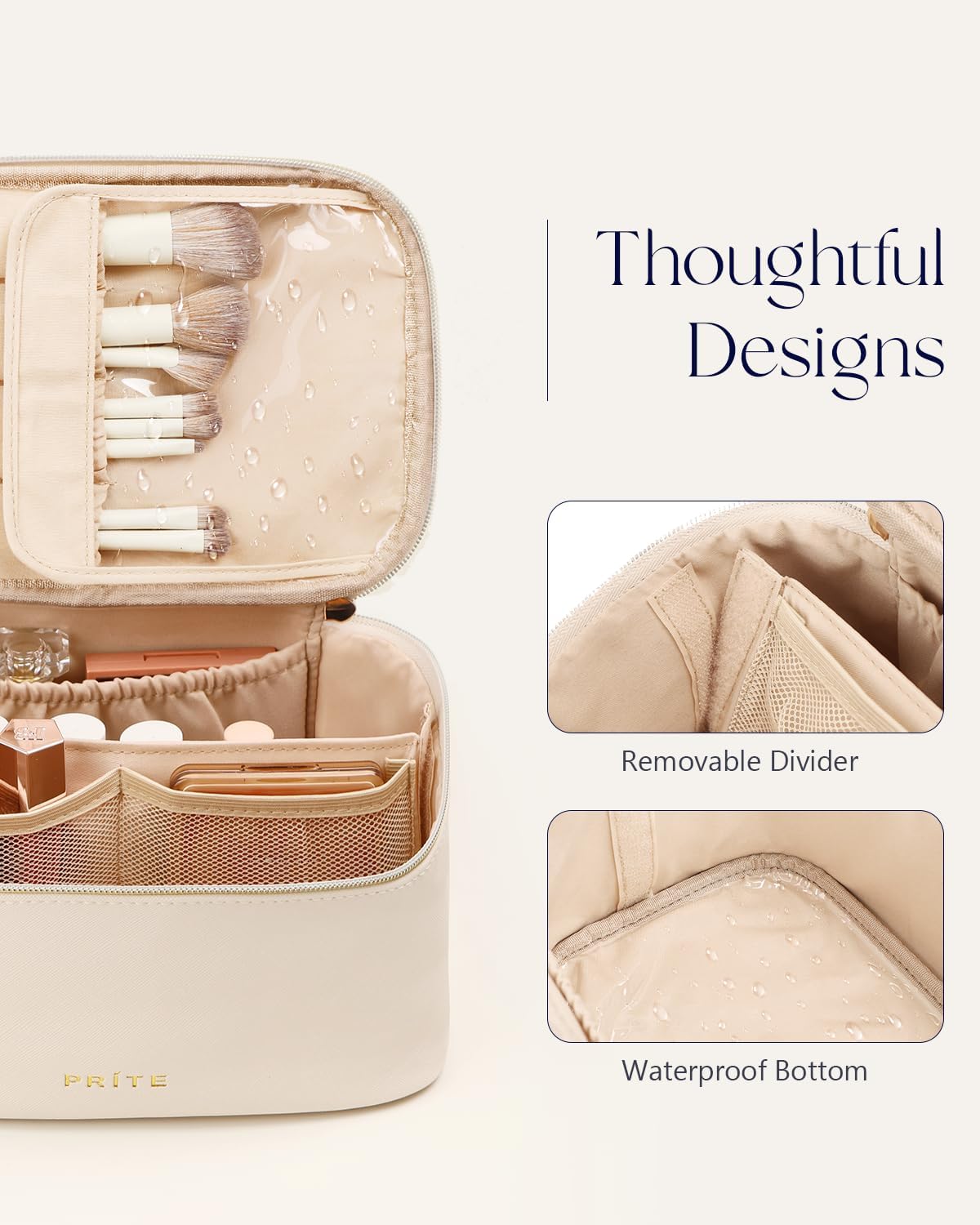 Prite Makeup Bag Travel Cosmetic Case, Women Toiletry Bag Organizer, Beige