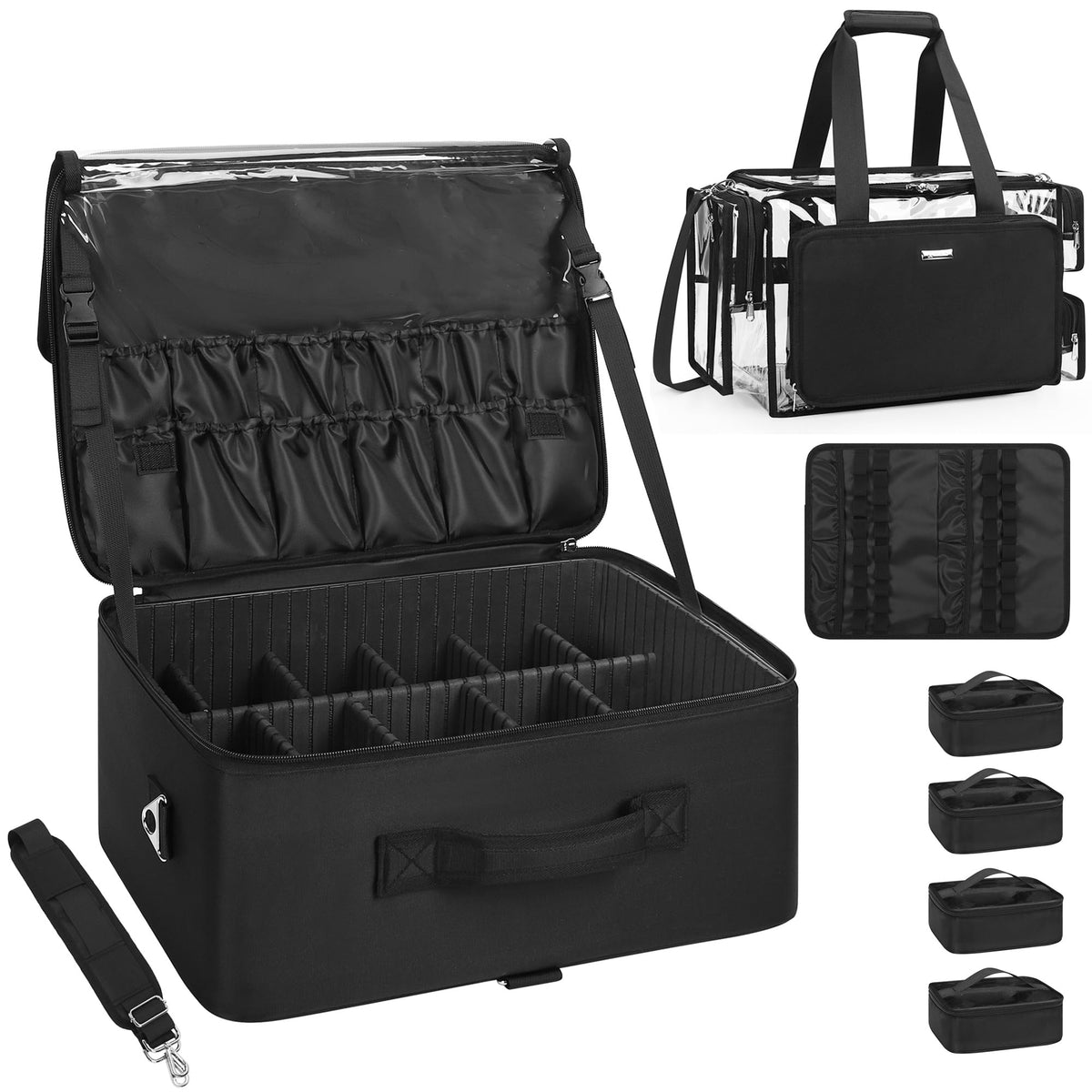 Relavel Extra Large Makeup Case Professional Cosmetic Storage Organizer Box Brush Holder with 4 Clear Set Bags & Lipstick Plate for Makeup Artists with Shoulder Strap & Adjustable Dividers