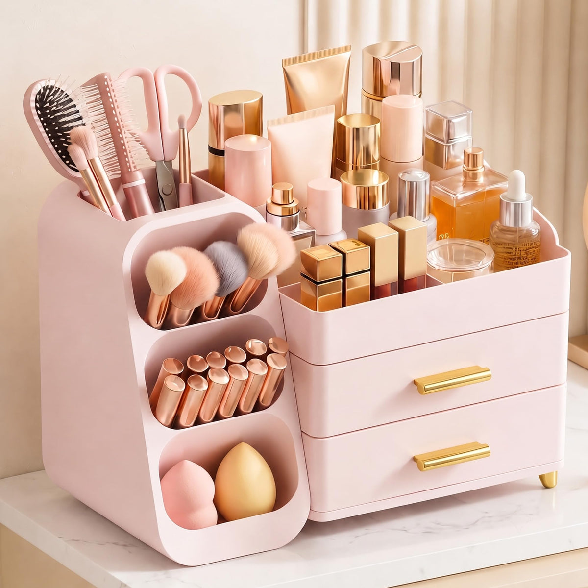 Large Capacity Makeup Organizer Countertop with Makeup Brush Holder for Vanity, Thickened Material, Bathroom Countertop Organizer Skin Care Perfumes Storage, Teen Girl Gifts for 12-23 Year（white）