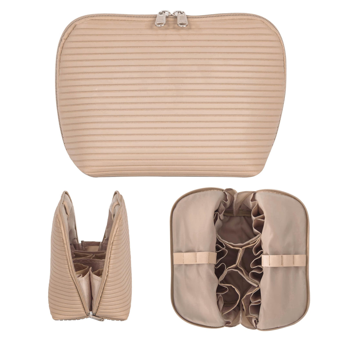 Travel Makeup Bag for Women, Waterproof Stand Up Cosmetic Bag with Brush Holders, Organizer Bag with Compartments, Fold-Down Design for Skincare, Toiletries & Essentials (Camel, Medium)