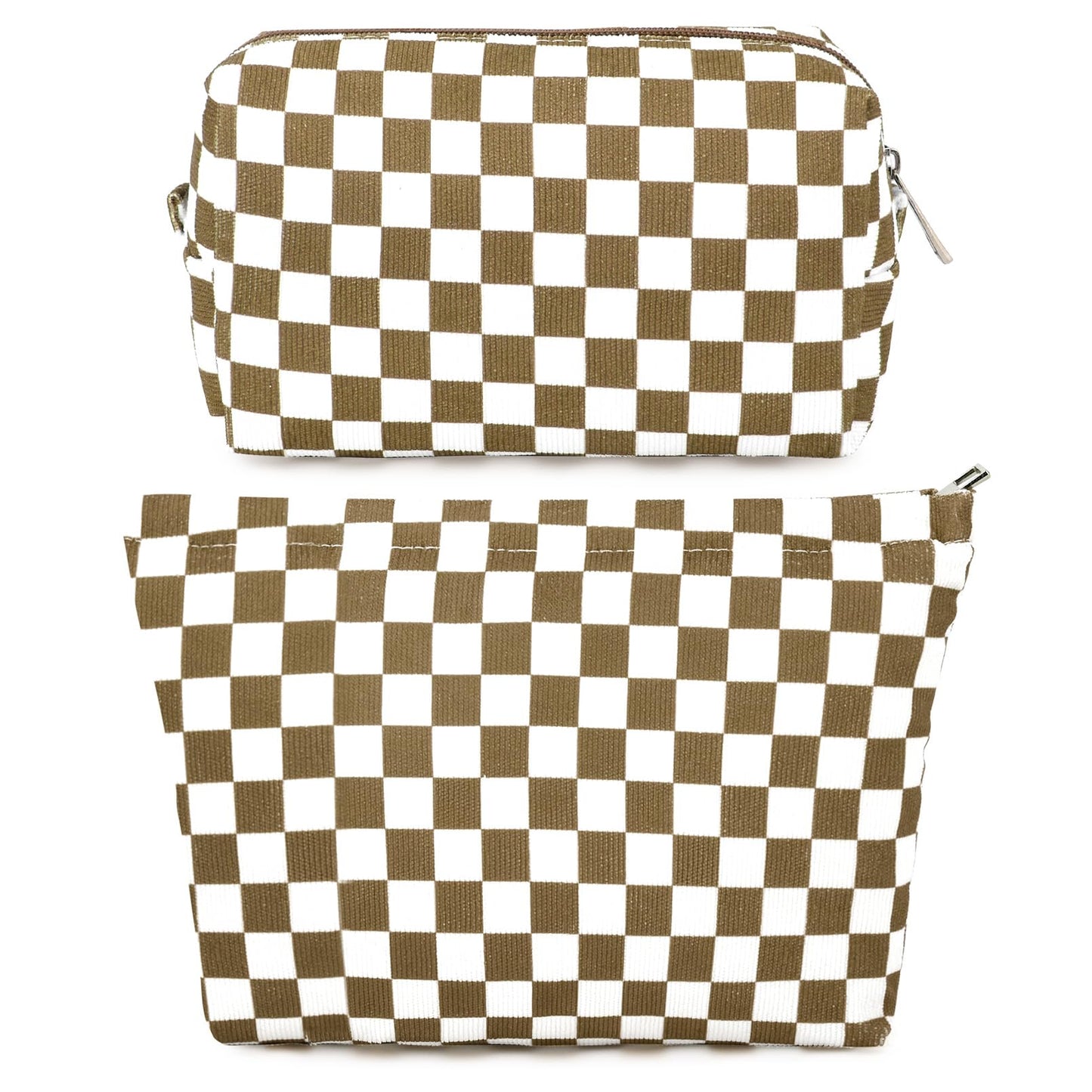 SOIDRAM 2 Pieces Makeup Bag Large Checkered Cosmetic Bag Capacity Canvas Mix Travel Toiletry Bag Organizer Cute Makeup Brushes Aesthetic Accessories Storage Bag for Women, Checkered Mix Rose Red