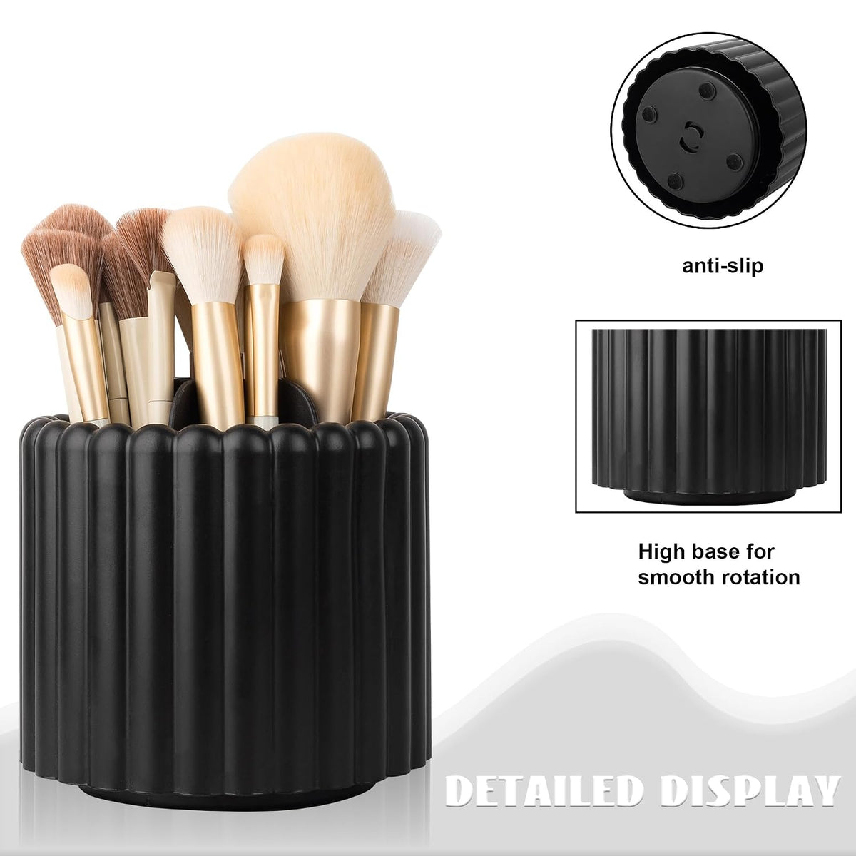 Rotating Makeup Brush Holder Organizer with Removable Dividers, Black