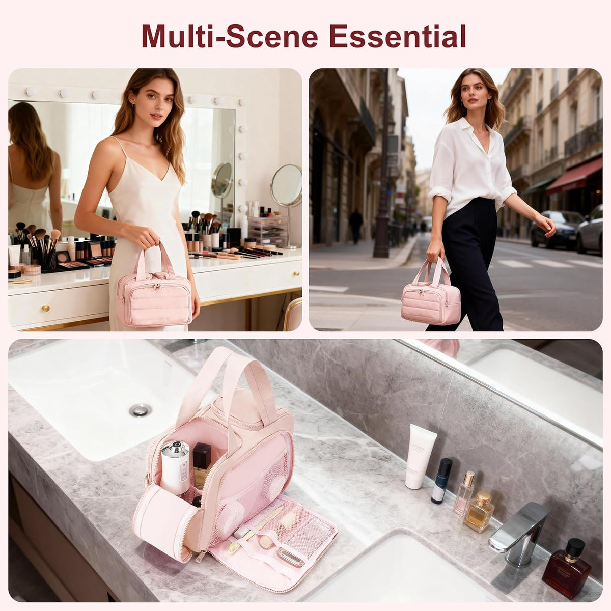 Travel Makeup Bag, Portable Travel Bag with Hanging Hook for Women, Waterproof and Hanging Toiletry Bags Travel Organizer Accessories for Travel Essentials,Pink