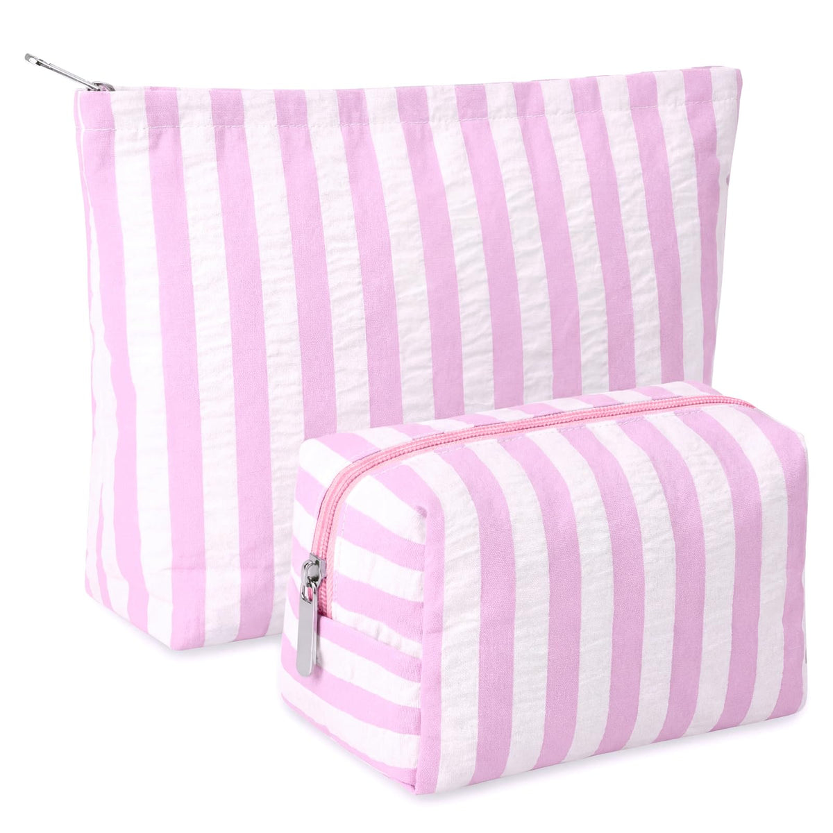 Huhumy 2 Pcs Makeup Bag Set for Women, Khaki, Thin Striped Seersucker