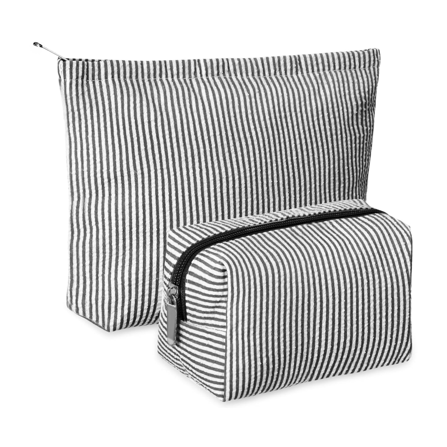 Huhumy 2 Pcs Makeup Bag Set for Women, Khaki, Thin Striped Seersucker