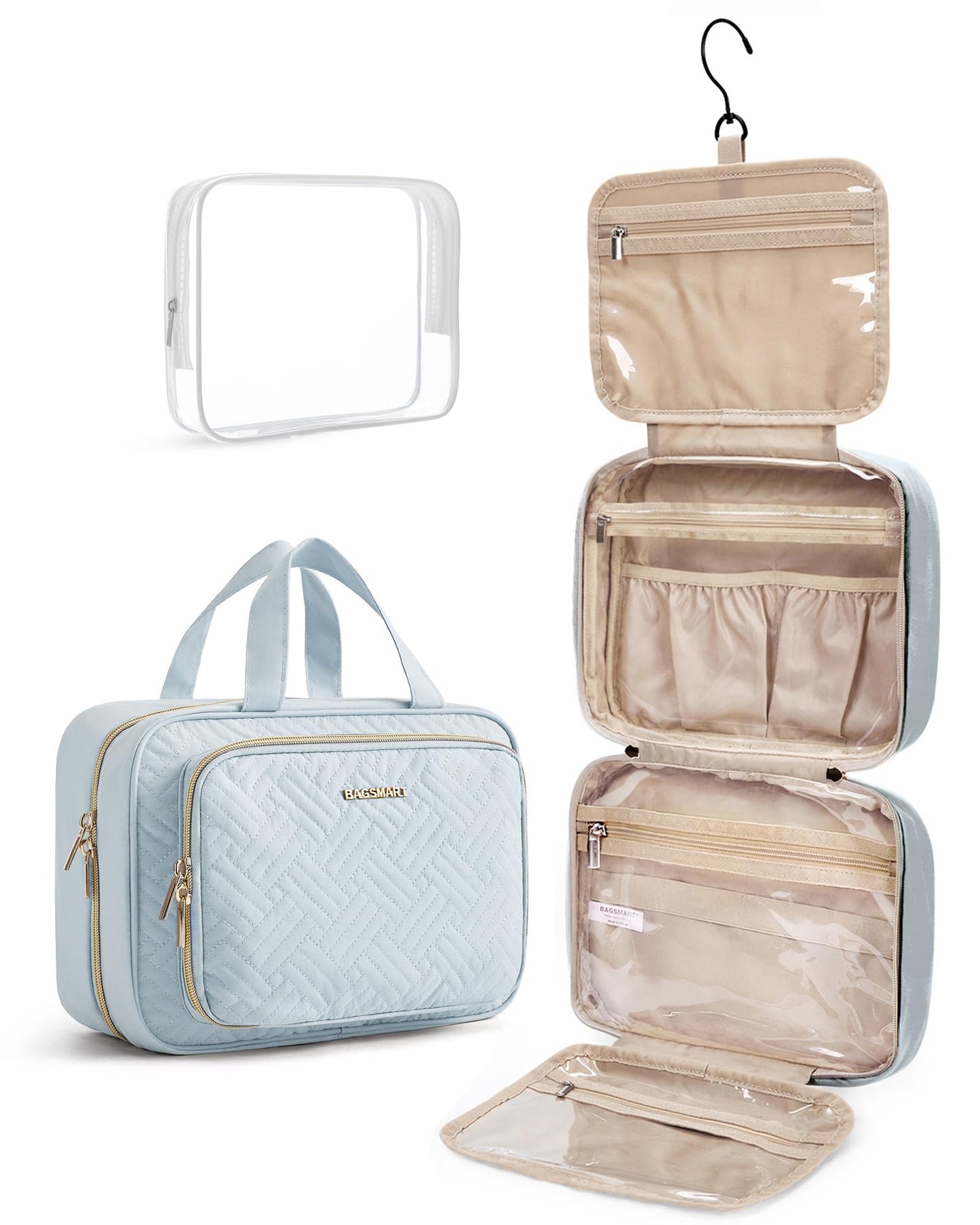 BAGSMART Toiletry Bag Hanging Travel Makeup Organizer with TSA Approved Transparent Cosmetic Bag Makeup Bag for Full Sized Toiletries, Medium-Black