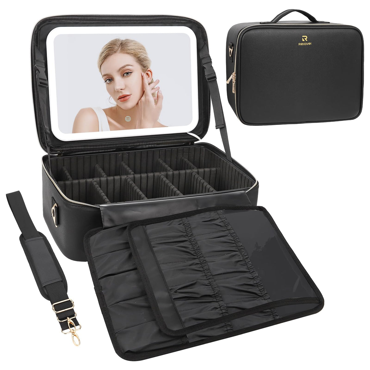 Chomeiu Makeup Bag with LED Mirror, Cosmetic Travel Bag for Women, Black