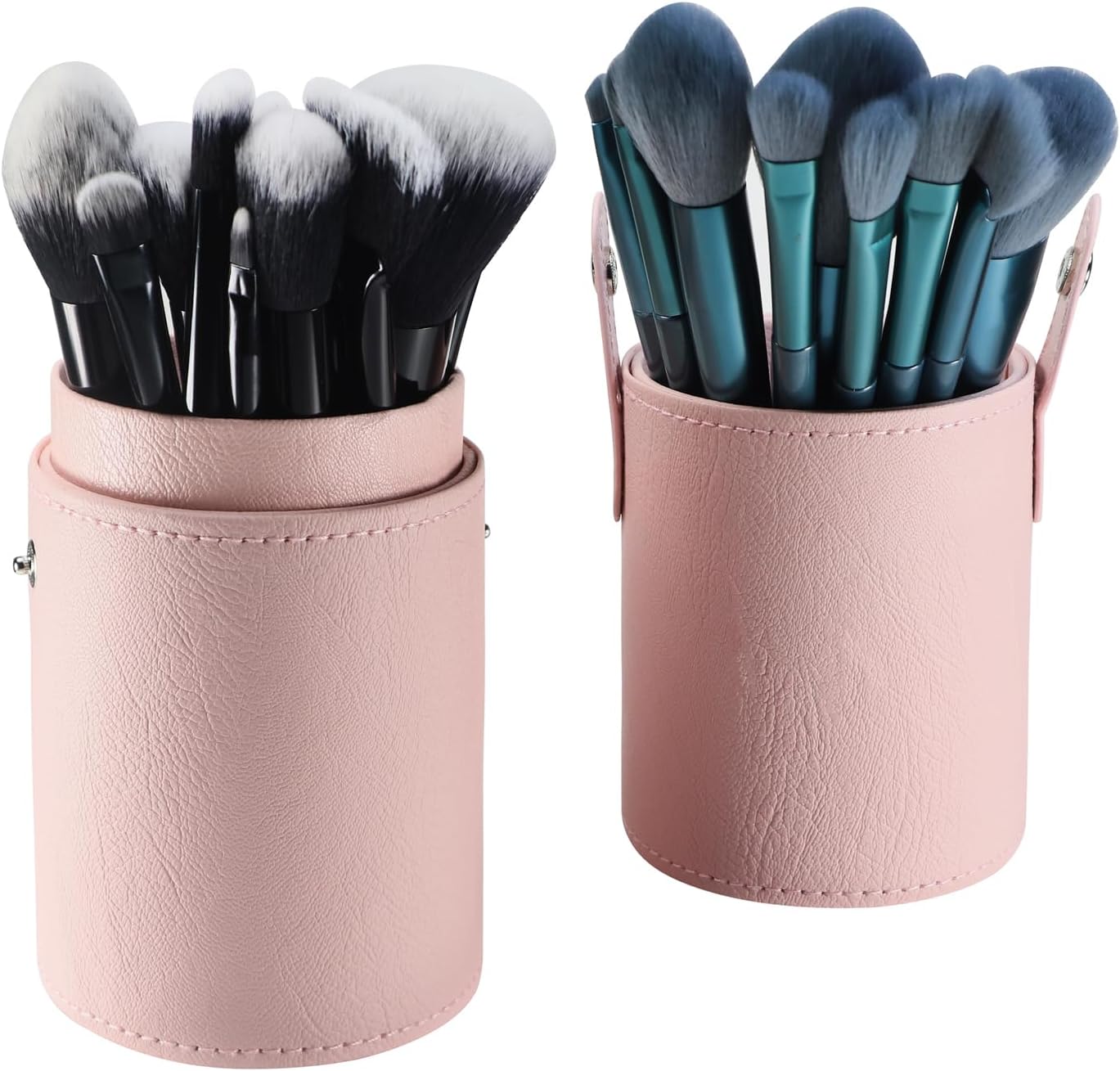 Portable Makeup Brush Case,Pu Leather Makeup Brush Holder with Button,Travel Cup Storage Dustproof Makeup Cosmetic Bags for Women (Pink)