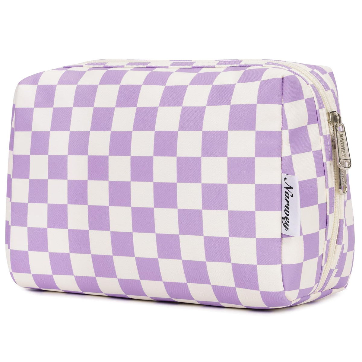 Narwey Checkered Makeup Bag Travel Cosmetic Bag Organizer Toiletry Bag Make Up Bags with Compartments for Women Girls (Large, Light Checkerboard)