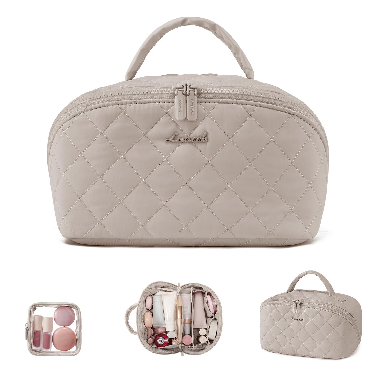 LOVEVOOK Travel Makeup Bag for Women, 2Pcs Puffer Waterproof Cosmetic Organizer, Large Capacity Pouch Open Flat Small Toiletry Bag with Brush Compartment & Handle (Pink, Medium)