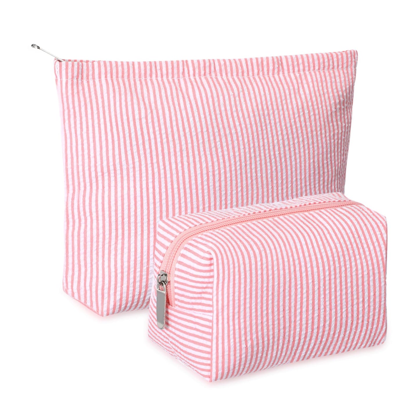 Huhumy 2 Pcs Makeup Bag Set for Women, Khaki, Thin Striped Seersucker