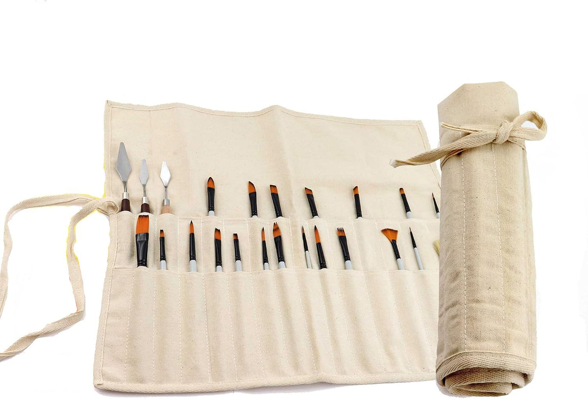 Liquidraw 30 Pocket Canvas Paint Brush Holder - Natural | 21" x 18" | Roll Up Brush Storage Pouch | Ideal Case for Paintbrush & Art Tool Storage | Easy to Carry | Also Great for Makeup Brushes