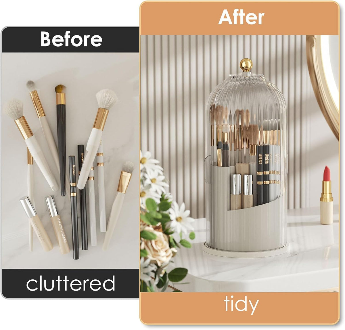 YOOLENS Makeup Brush Holder with Lid 360 Rotating Clear Dustproof Make Up Organizers for Vanity Bathroom Countertop, Transparent