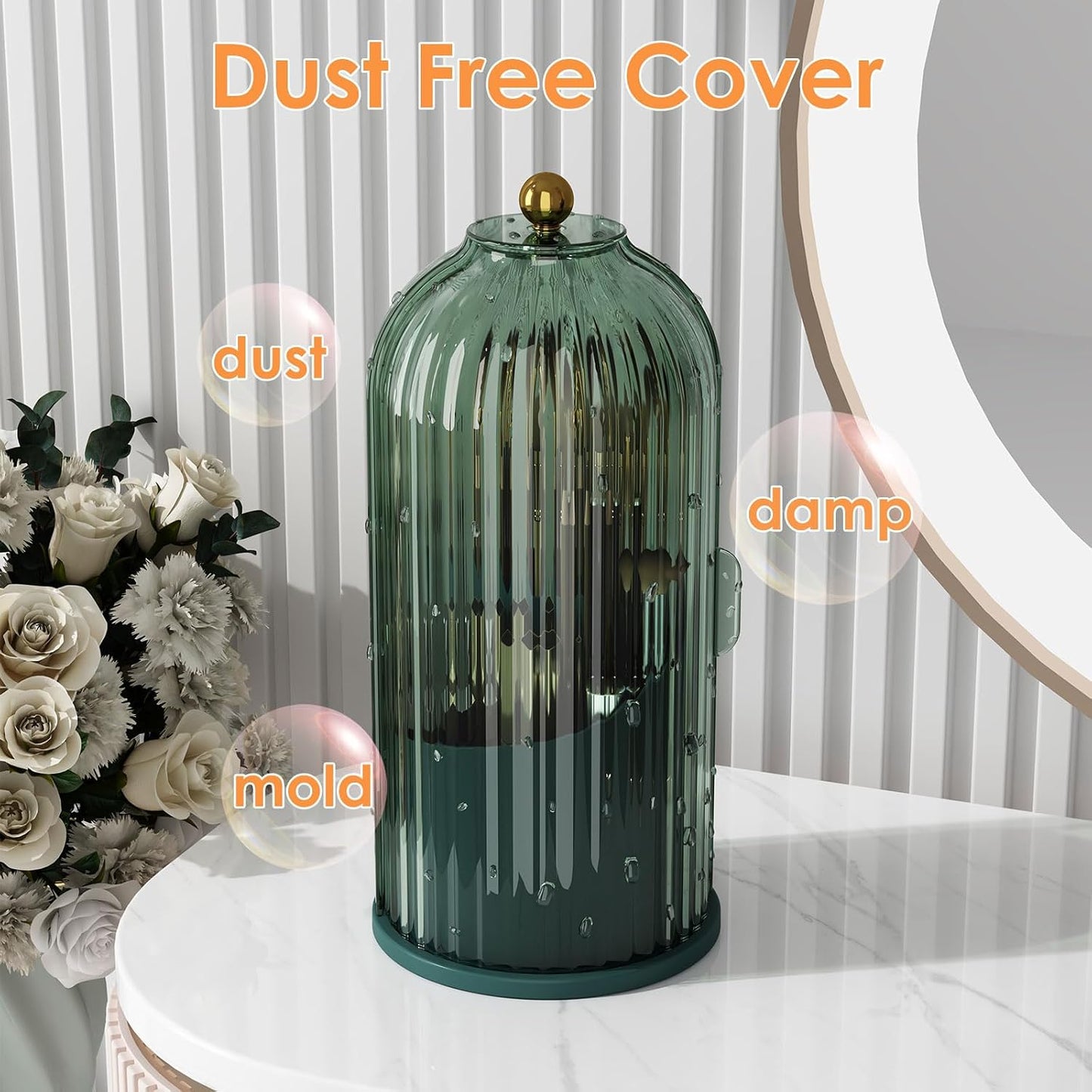 YOOLENS Makeup Brush Holder with Lid 360 Rotating Clear Dustproof Make Up Organizers for Vanity Bathroom Countertop, Green