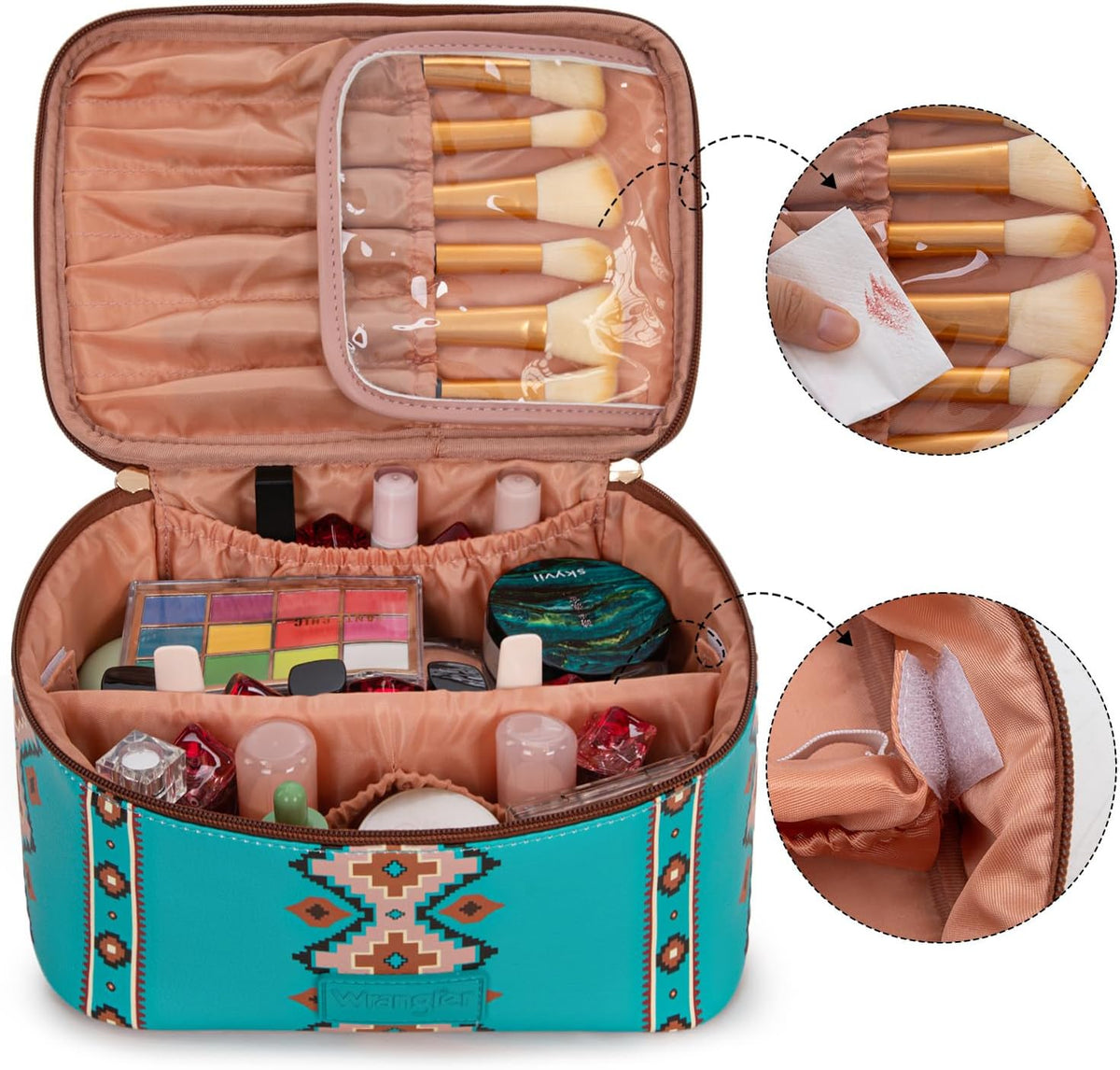 Wrangler Travel Makeup Bag 2pcs Set Cosmetic Bag with Makeup Brush Holder