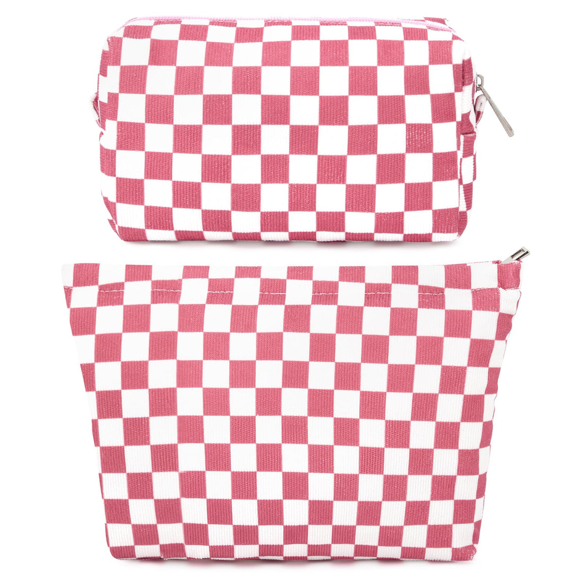 SOIDRAM 2 Pieces Makeup Bag Large Checkered Cosmetic Bag Capacity Canvas Mix Travel Toiletry Bag Organizer Cute Makeup Brushes Aesthetic Accessories Storage Bag for Women, Checkered Mix Rose Red