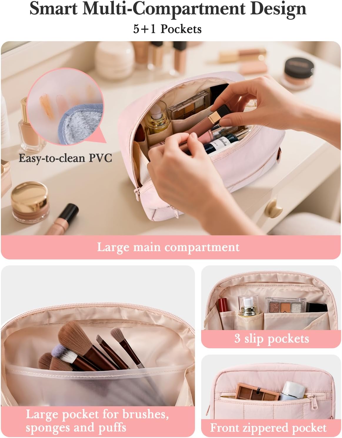 Noozion Makeup Bag Travel Toiletry Bag, Puffy Padded Cosmetic Bag for Women, Makeup Organizer Case, Wide-open Pouch Purse, Travel Essentials