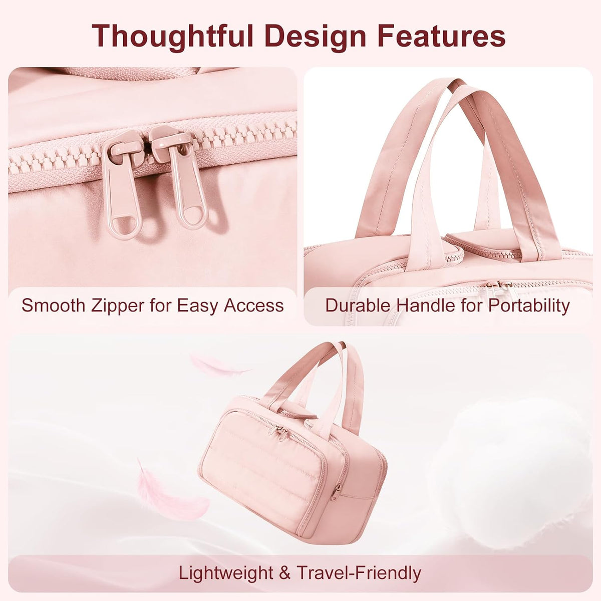 Travel Makeup Bag, Portable Travel Bag with Hanging Hook for Women, Waterproof and Hanging Toiletry Bags Travel Organizer Accessories for Travel Essentials,Pink