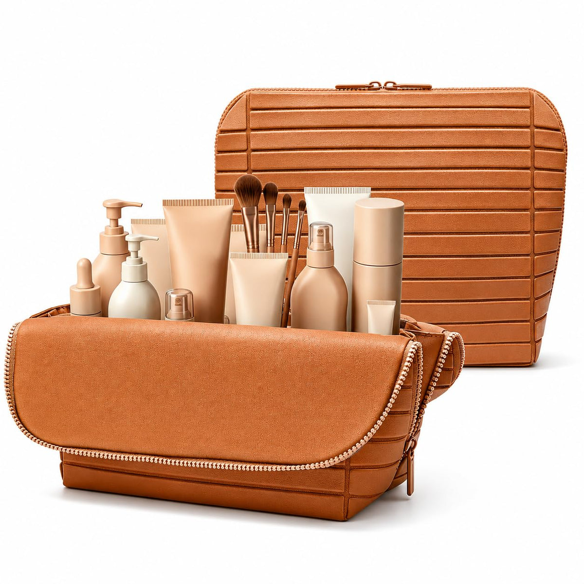 Travel Makeup Organizer Bag with Fold-Down Design and Adjustable Dividers, 27 Pockets & 3 Brush Storage Holders, Large Capacity Cosmetic Bags Toiletry Case - Brown