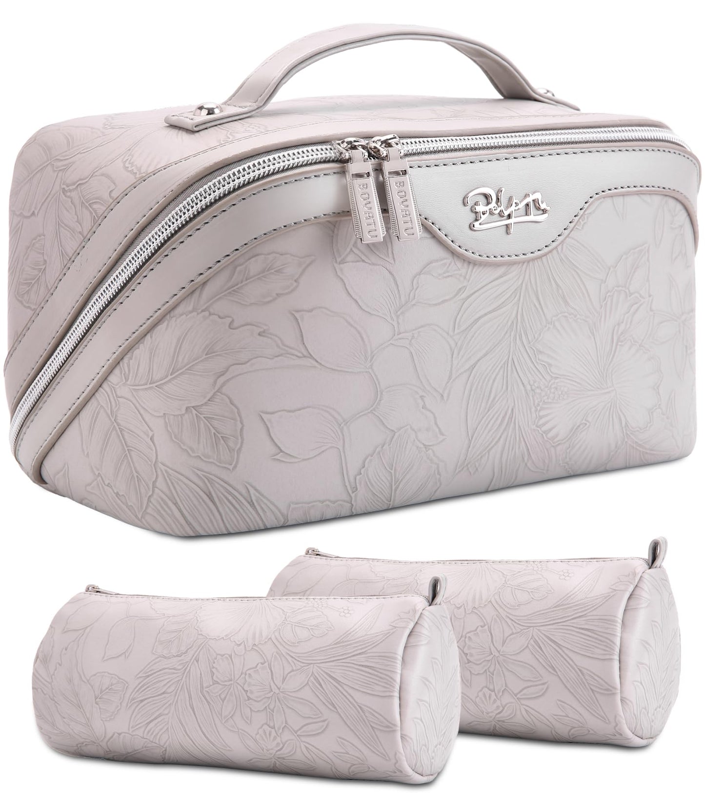BOYATU Travel Makeup Bags Cosmetic Organizer Bag: Floral Make up Bag | 3 Pcs Set Large Capacity Makeup Bag with Compartments - Waterproof Leather Toiletry Bags with Handle for Women (Blue)
