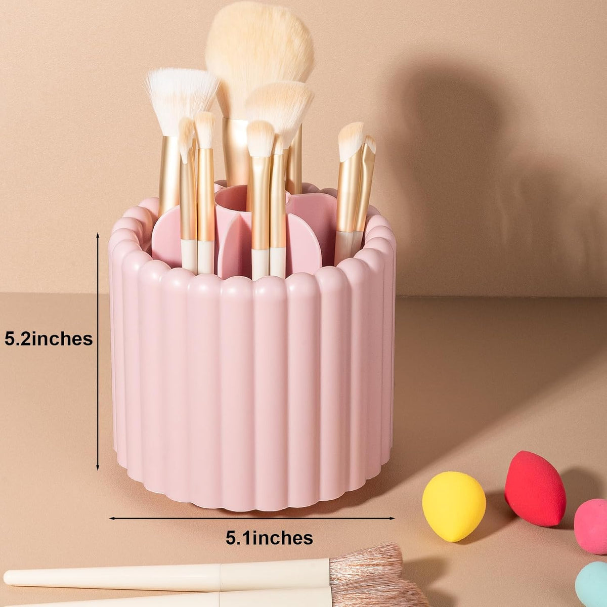 Rotating Makeup Brush Holder Organizer with Removable Dividers, Pink