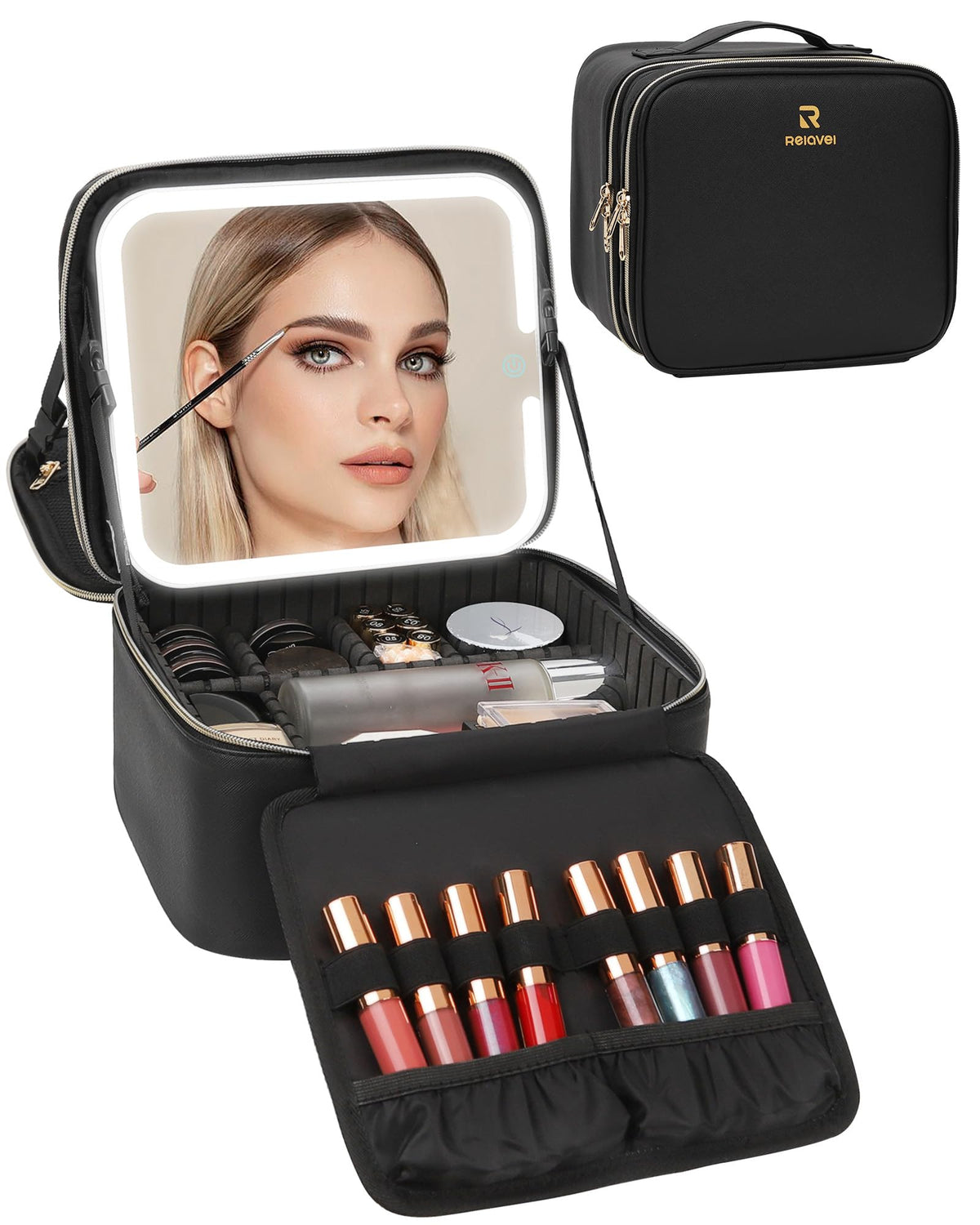 Chomeiu Makeup Bag with LED Mirror, Cosmetic Travel Bag for Women, Black